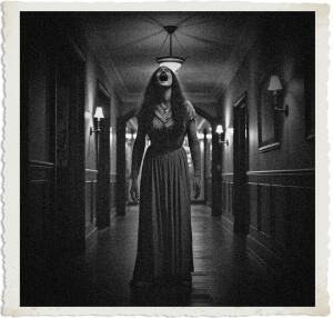 A dramatic black-and-white vintage-style photograph with torn paper edges, showing a banshee-like woman with long dark hair and a flowing period dress standing in the center of a long, dimly lit institutional hallway. Her head is thrown back and her mouth is wide open in a piercing scream, creating an eerie and unsettling supernatural presence. The scene features overhead lighting, wall sconces, and heavy film grain that enhances the dark, ominous atmosphere.