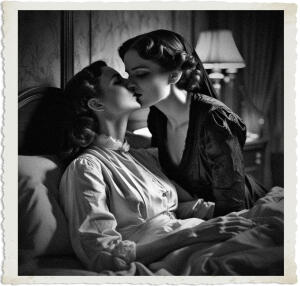 Black-and-white vintage-style photograph with a torn-paper border, showing an intimate bedroom scene of two women. One woman lies in bed wearing a light satin nightgown, head tilted back on the pillow, while the other in a dark lace-trimmed robe leans over her, their lips meeting in a kiss. Soft lighting from a bedside lamp illuminates the tender, dramatic moment.