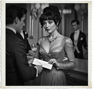 A dramatic black-and-white vintage-style photograph with torn paper edges, showing an elegantly dressed woman in a low-cut 1910s–1920s evening gown, elaborate updo, and ornate jewelry receiving a white envelope from a man in a formal dark suit at a hotel reception desk. She looks directly at the viewer with a composed, slightly knowing expression while the man extends the letter toward her. The luxurious, dimly lit lobby setting with chandeliers and background figures maintains the series’ moody atmosphere