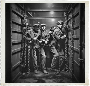 A dramatic black-and-white vintage-style photograph with torn paper edges, showing three tense men in early 20th-century flat caps and heavy overcoats standing inside a dimly lit, chain-draped industrial space resembling a meat locker or refrigerated truck. They grip heavy hanging chains while staring forward with serious, unsettling expressions. The ominous composition and title evoke dark wartime or supernatural horror.