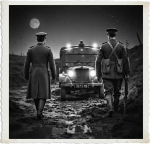 a surreal and vibrant cinematic photo of a British officer and soldier walking towards a worn ambulance parked by the muddy terrain of No Man's Land at night, with the officer wearing a peaked cap and trench coat, and the soldier wearing a BRODIE helmet and carrying a Lee-Enfield rifle, their clothing and style meticulously detailed to reflect the era of 1915, set against a dark and ominous backdrop with subtle hints of moonlight, captured in a photorealistic style with a textured film grain, evoking a sense of foreboding and tension, with the ambulance's lights casting an eerie glow on the surrounding mud and the soldiers' faces illuminated only by the faint light of the ambulance, their facial features etched with exhaustion and concern.
