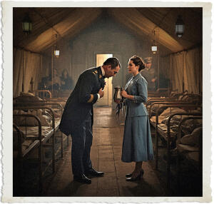 Highly detailed cinematic scene inside a dimly lit canvas ward tent at a British Casualty Clearing Station during the Great War in 1915. A distinguished British Colonel named Marc stands in the narrow aisle and performs a deep, theatrical bow toward the young Canadian Bluebird nurse Lieutenant Clara Grey, as though they were on a stage rather than in a war hospital. The Colonel has a charming, aristocratic smile on his face while bowing gracefully, one hand lightly placed over his heart. Clara Grey, a beautiful brunette with striking steel-grey eyes, stands close in front of him holding the stainless-steel pitcher, her expression a mix of surprise, fading mischief, and subtle wariness after their recent collision. Soft moody lamplight from hanging lanterns casts dramatic golden highlights and long shadows across the scene, emphasizing the elegant bow in the midst of the grim ward. In the background, rows of cots with wounded soldiers including the bandaged Private Lavoie, medical equipment, a front desk area where a Captain watches with an intense stare, and the canvas tent walls with the exit door visible. Historical accuracy for 1915 with subtle supernatural elegance and tension in the Colonel’s movement, realistic yet slightly stylized, strong emotional and compositional focus on Marc’s theatrical bow to Clara Grey in the wartime hospital ward.