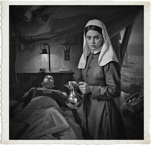 Photograph of a Canadian Bluebird nurse in 1915 at a Casualty Clearing Station during the Great War. She is a young brunette with steel-grey eyes, wearing the standard blue uniform and white veil of the nursing sisters. She is holding a gleaming stainless-steel pitcher, standing beside a wounded soldier's bedside in a dimly lit canvas ward tent. Soft lamplight, medical equipment, distant mud and war atmosphere, somber yet compassionate expression, highly detailed, historical accuracy. Clothing and settings appropriate for 1915.