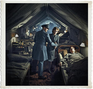 Highly detailed cinematic scene inside a dimly lit canvas ward tent at a British Casualty Clearing Station during the Great War in 1915. A distinguished British Colonel named Marc is backing away through a narrow aisle between cots and has just collided with the young Canadian Bluebird nurse Lieutenant Clara Grey. The purposeful collision forces him to take a few steps forward while narrowly avoiding the bandaged Private Lavoie in his cot. The Colonel turns slightly toward her with a charming, aristocratic smile as he apologizes and asks for her name. Clara Grey, a beautiful brunette with striking steel-grey eyes, looks momentarily startled, her previous mischievous grin fading into quiet surprise and subtle wariness. She still holds the stainless-steel pitcher in one hand. Soft moody lamplight casts dramatic shadows across the narrow aisle, highlighting the intimate proximity of the Colonel and the nurse. In the background, the sedated Private Lavoie lies heavily bandaged in his cot with a sedative vial nearby, other wounded soldiers resting in rows of cots, medical equipment, and the canvas tent walls. Historical accuracy for 1915 with subtle supernatural tension and tension in the accidental collision, realistic yet slightly stylized, strong emotional focus on the moment the Colonel backs into Clara Grey in the tight ward aisle.