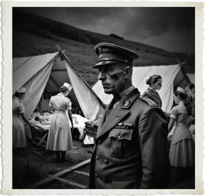 a surreal and vibrant cinematic photo of a British Officer arriving at a field hospital set amidst the eerie landscape of No Man's Land at night, with white tents and wooden huts illuminated by soft moonlight and lanterns, nurses and doctors in uniform tending to the wounded, all clothing and style meticulously accurate for 1915, with the officer's face weary and worn, his skin pale and his eyes sunken, the nurses' faces filled with compassion and concern, their uniforms immaculate, the doctors' faces focused and determined, surrounded by the eerie silence of the night, with a subtle film grain texture and a photorealistic quality that captures the intensity and emotion of the scene, the colors a mix of muted earth tones and deep blues, with an overall sense of surreal unease and tension.
