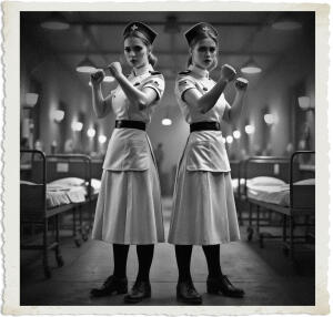 Two young women dressed as World War I-era nurses stand side by side in a military hospital ward, adopting a strong, defiant fighting stance with fists raised. They wear traditional white nurse uniforms with aprons, black belts, dark stockings, sturdy shoes, and nurse caps featuring red crosses. The background shows rows of hospital beds under overhead lights in a dimly lit ward. The image is in dramatic black-and-white with a vintage aged photo border.