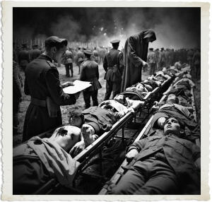 Several wounded lined up on stretchers, as the battles wages on in the background. A manifestation of death looms over a soldier while looking over a list. Clothing and style appropriate for 1915 for No Man Land at night.