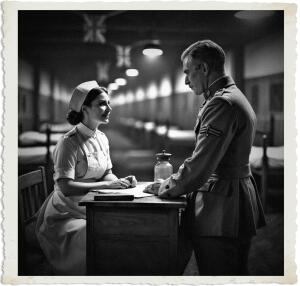 Black and white photograph set in a World War I field hospital ward. A young nurse named Edith with dark hair sits at a wooden desk, looking up at an older British officer with a gentle but weary smile. The officer stands beside the desk, leaning slightly toward her as they speak. In the background, rows of hospital beds and Union Jack flags are visible under dim overhead lights. A glass medicine jar sits on the desk between them.