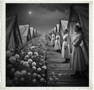 a surreal and vibrant cinematic photo of delicate flowers blooming alongside a worn wooden boardwalk, lined with rustic white canvas tents, their edges softly illuminated by the faint moonlight, with figures of 1915 nurses and doctors in uniform, their faces weary, standing together, the nurses wearing long skirts and crisp white aprons, the doctors in stained coats, set against the eerie backdrop of No Man's Land at night, with a dreamlike quality, in a photorealistic style, infused with a textured film grain, capturing the essence of a bygone era, in a palette of deep blues and purples, with touches of warm golden light.