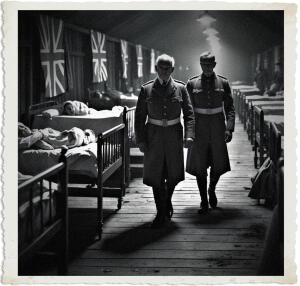 Black and white photograph inside a World War I field hospital ward. An older British officer with graying hair walks down the wooden central aisle with a serious expression, accompanied by a younger officer at his side. Several patients lie in metal cots lined along both sides of the long hut. Union Jack flags hang on the walls in the background under dramatic overhead lighting that casts long shadows on the floor