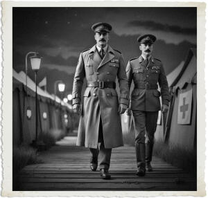 Two British officers in World War I-era uniforms walk side by side along a wooden boardwalk at night through a military field hospital camp. The officer on the left wears a long greatcoat and peaked cap, while the one on the right wears a service dress jacket with medals. Canvas tents with Red Cross symbols and glowing lamps line the path under a dark sky. The image has a vintage black-and-white cinematic style with an aged photo border.