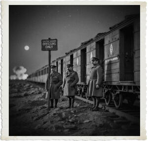 Black and white nighttime photograph of three officers in World War I-era military coats and peaked caps standing beside railway tracks next to a long wooden train car. A sign in the foreground reads 'FOR TRANSPORT WOUNDED OFFICERS ONLY'. The officers stand with serious expressions under a bright full moon, with a distant explosion or fire visible on the horizon.