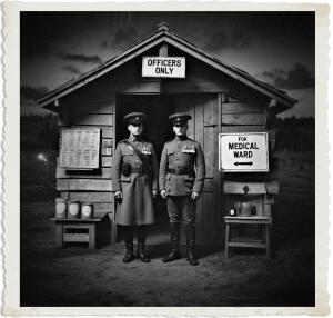 Black and white photograph of two stern-faced officers in World War I-era British military uniforms standing at attention in front of a wooden hut. A sign above the door reads 'OFFICERS ONLY' and another sign to the right reads 'FOR MEDICAL WARD' with arrows. The officers wear peaked caps, long coats, medals, and Sam Browne belts. Medical supplies and notices are visible on the walls and nearby tables.