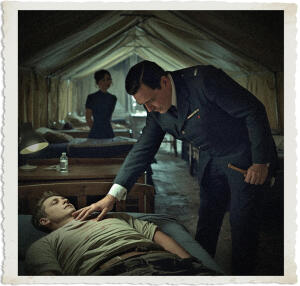 Highly detailed cinematic close-up scene inside a dimly lit canvas ward tent at a British Casualty Clearing Station during the Great War in 1915. A distinguished British Colonel named Marc leans over the bedside of heavily bandaged Private Lavoie, gently holding and squeezing the sleeping soldier’s hand in a moment of quiet intensity. The Colonel’s expression is focused and solemn as he whispers a command that only a vampire could comprehend. Soft, moody lamplight illuminates the intimate contact between the Colonel’s pale aristocratic hand and the wounded soldier’s bandaged one, with faint red blood spots visible on the white dressings across Lavoie’s torso. A small sedative vial sits on the bedside table. In the background, the young Canadian Bluebird nurse Lieutenant Murphy stands slightly behind and to the side, watching with quiet concern, her steel-grey eyes attentive. Narrow aisle between cots, scattered medical equipment, other wounded soldiers resting in the shadows, and the canvas tent walls create a claustrophobic wartime atmosphere. Historical accuracy for 1915 with subtle supernatural tension radiating from the Colonel, realistic yet slightly stylized, strong emotional focus on the Colonel’s hand contact and whispered instruction to the sedated Private.