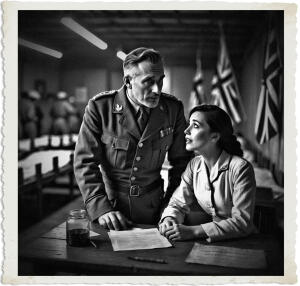 Black and white photograph inside a World War I field hospital ward. An older British officer with graying hair leans over a wooden desk, looking down at a seated nurse as he speaks. The nurse, with dark hair, looks up at him attentively with her hands clasped on the desk. Papers, a pen, and a glass jar sit on the desk between them. In the background, rows of hospital beds and several Union Jack flags are visible under dim overhead lights.