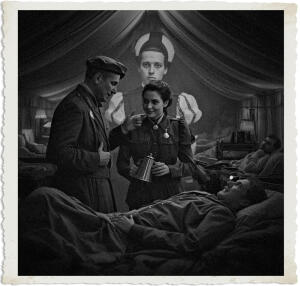 Highly detailed cinematic scene inside a dimly lit canvas ward tent at a British Casualty Clearing Station during the Great War in 1915. A distinguished British Colonel named Marc stands at the bedside of the wounded soldier Mackenzie, who is now propped up slightly and resting after drinking. The Colonel has a subtle amused expression as he banters lightly. Standing close by is the young Canadian Bluebird nurse Lieutenant Murphy, a brunette with lively steel-grey eyes and a mischievous grin, holding the stainless-steel pitcher and playfully suggesting the Colonel should have been a nurse. In the background, a translucent ghostly overlay or subtle double-exposure vision shows Marc's past self as a young Private in the Royal French Army in 1545 — wearing period-appropriate Renaissance-era soldier attire (puffed sleeves, doublet, hose, simple armor elements or helmet from the mid-16th century) helping tend to wounded men in an earlier conflict. The nurse is grinning at the Colonel's witty reply about the uniform not suiting him, with a hint of testing banter in the air. Soft moody lamplight casts dramatic shadows across the tent, rows of cots with other wounded soldiers, medical equipment, and faint blood stains visible. Historical accuracy for 1915 with a subtle supernatural/historical flashback element, realistic yet slightly stylized, intimate focus on the playful interaction between the Colonel and the nurse at the patient's bedside.