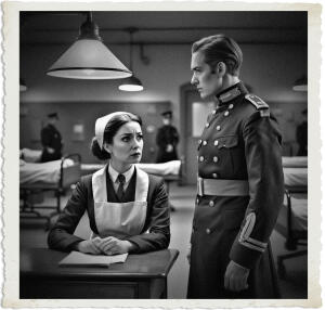 In a dimly lit World War I-era military hospital ward, a concerned female nurse sits at a wooden desk with her hands clasped, looking up worriedly at a stern male officer standing beside her. The officer, dressed in a formal dark military uniform with epaulets and a wide belt, gazes down at her intently. Papers lie on the desk in front of the nurse, while hospital beds and blurred figures of other personnel appear in the background. The image has a dramatic black-and-white cinematic style with a vintage aged photo border.