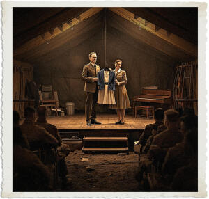 Highly detailed cinematic scene inside a makeshift wartime theatre tent at a British Casualty Clearing Station during the Great War in 1915. Soft lantern light and warm stage glow illuminate a simple wooden platform stage where a distinguished British Colonel named Marc stands center stage with confident, aristocratic charm, playfully holding up a Bluebird nurse uniform on a hanger as if modeling it for the audience. Beside him, a young Canadian Bluebird nurse Lieutenant Murphy — a beautiful brunette with lively steel-grey eyes and a bright mischievous grin — laughs openly, clearly delighted by the banter. The Colonel is mid-sentence, inviting her to perform a song and dance with him next Thursday at two in the afternoon if the front stays quiet. In the foreground and audience area, rows of wounded soldiers sit on benches and cots, some bandaged and leaning forward with faint smiles and hopeful expressions, including the recovering soldier Mackenzie watching from the front row. Background shows tent canvas walls decorated with simple patriotic bunting, a battered upright piano, scattered sheet music, and a few other improvised costumes on racks. Moody yet uplifting atmosphere blending the grim reality of war with moments of joy and camaraderie — faint distant artillery rumble suggested through subtle shadows. Historical accuracy for 1915, realistic yet slightly stylized, warm lantern lighting with dramatic stage highlights, poignant focus on the playful interaction between th