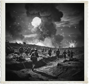 a surreal and vibrant cinematic photo of No Man's Land during a heightened battle at night, with intense artillery blasts and mortars illuminating the dark sky, smoke billowing from the craters and trenches, troops in 1915 attire running for cover, dead soldiers scattered across the barren landscape, clothing and style accurate for World War I, including British and German uniforms, helmets, and gas masks, surreal photography with a photorealistic tone, film grain texture adding to the dramatic and chaotic atmosphere, the colors are muted yet vibrant, with flashes of orange and red from the explosions, and an overall sense of chaos and destruction.