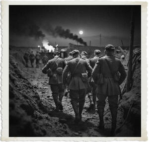a surreal and vibrant cinematic photo of wounded British soldiers with worn and tattered uniforms limping their way in a ragtag line towards an aid station under the dark sky of No Man's Land at night, with faces etched in exhaustion and pain, their skin illuminated only by the faint moonlight and distant explosions, set against a backdrop of ravaged trenches and barren landscape, captured in a photorealistic style with film grain, blending the horrors of war with the dreamlike quality of surrealism, with earthy tones of brown and green dominating the scene, and the faint glow of lanterns in the aid station casting a sense of hope amidst the chaos, every detail meticulously rendered to evoke a sense of despair and resilience.