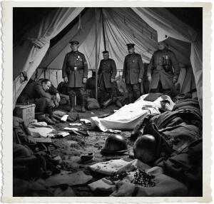 Picture of an aid station near the front tend, white tent is damaged and dirt, bandages, blood, helmet and gear lying around. Medical staff look exhausted. Clothing and style appropriate for 1915 for No Man Land at night.