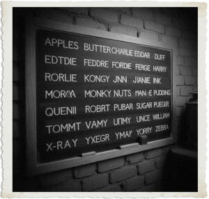 A black-and-white photograph of a large classroom-style chalkboard mounted on a brick wall. The board displays the military phonetic alphabet, with each letter paired to a word written in white chalk. Visible entries include: Apples, Butter, Charlie, Duff, Edward, Freddie, George, Harry, Ink, Johnnie, King, London, Monkey, Nuts, Orange, Pudding, Queenie, Robert, Sugar, Tommy, Uncle, Vinegar, William, X-Ray, Yorker, Zebra. The image has a vintage, aged photo border.
