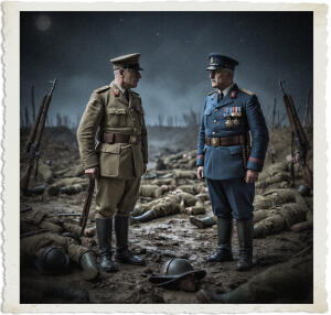 Two high-ranking World War I officers stand facing each other in a devastated, muddy battlefield at night. The officer on the left wears a khaki uniform and holds a rifle, while the officer on the right wears a decorated blue uniform. The ground around them is covered with the bodies of fallen soldiers, discarded helmets, and rifles, under a dark, dramatic sky