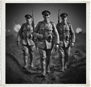 Three soldiers in early 20th-century military uniforms walk toward the viewer across a muddy, war-torn battlefield. The central officer, with a peaked cap and mud-splattered face, leads the group while the two flanking soldiers carry rifles. The black-and-white image has a vintage, aged photographic border.