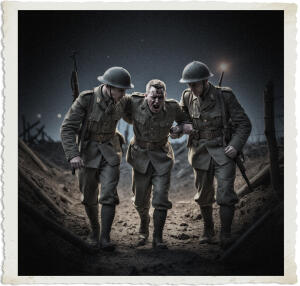Three World War I soldiers in a muddy trench at night. Two helmeted soldiers support a wounded comrade between them, who has blood on his face and is shouting in pain. The dramatic scene captures the grim reality of war, with rifles, barbed wire, and a dark battlefield in the background.