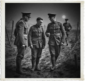 Three British officers in World War I uniforms stand together in a muddy battlefield at night. The officer on the right gestures while speaking to the central officer, who listens attentively, as the officer on the left observes. Barbed wire, a distant soldier, and a bright full moon are visible in the background. The black-and-white image has a vintage photographic border.