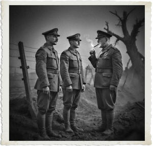 Three British officers in World War I-era uniforms stand in a muddy battlefield. An older officer on the right, smoking a cigar, appears to be giving orders to two younger officers who listen attentively. The background shows barbed wire, a barren tree, and a desolate war-torn landscape. The black-and-white image has a vintage photographic border.