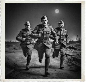 Three British officers in World War I uniforms run directly toward the viewer across a devastated battlefield at night. The central officer, wearing a side cap and mustache, leads the charge with a determined expression, flanked by two other officers also in motion. A bright full moon illuminates the dark, rubble-strewn landscape. The black-and-white image has a vintage photographic border.