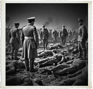 British officers stand solemnly amid the grim aftermath of a World War I battle on a muddy battlefield. Numerous dead soldiers lie scattered across the ground around them, while other officers observe in the background under a dark, smoky sky. The black-and-white image has a vintage photographic border.