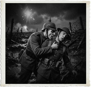 Black and white photograph from the “Man at War – Carried by Six” series. In a muddy, war-torn trench at night, a German soldier wearing a pickelhaube helmet aggressively bites or tears at the neck of a British soldier in a Brodie helmet. The British soldier has a pained, desperate expression while holding a rifle. Explosions and flares light up the dark sky in the background, with barbed wire and battlefield debris visible. The image is raw, violent, and intensely dramatic, evoking the primal brutality of close-quarters combat.