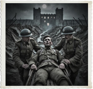 Two World War I soldiers in Brodie helmets carry a wounded comrade on a stretcher through a muddy, war-ravaged trench at night. The injured soldier lies looking upward with a pained, blood-streaked face. In the dramatic background, a large dark castle looms under a full moon, surrounded by barbed wire and battlefield ruins.