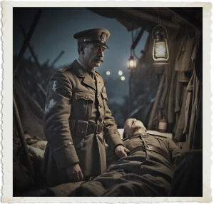 World War I officer in a peaked cap and decorated uniform stands solemnly inside a dimly lit field hospital tent, looking down at a wounded soldier lying on a cot. A hanging lantern casts warm light over the injured man, while the dark, makeshift medical shelter creates a somber wartime atmosphere.