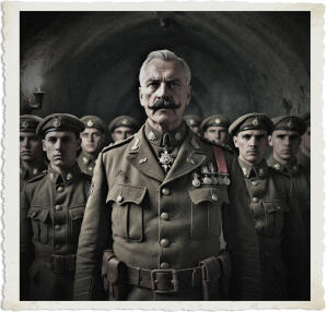 Senior World War I officer with white hair and a large handlebar mustache stands sternly in the foreground, wearing a highly decorated uniform with numerous medals. Behind him, a formation of young soldiers in uniform look forward with serious expressions inside a dark, arched underground bunker or tunnel