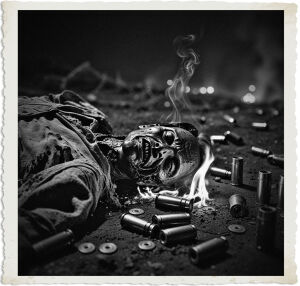 a cinematic nighttime photo of a charred corpse burning on the ground, surrounded by spent shotgun shells and brass cartridges, with tattered and worn Great War-era clothing, set against a dark and ominous backdrop with faint hints of smoke and flames, captured in a gritty and haunting tone, with deep shadows and muted earthy colors, the corpse's facial features twisted in a grimace, with darkened skin and exposed bones, amidst the scattered remnants of war, with the shotgun shells and cartridges glistening in the faint moonlight, the overall scene evoking a sense of desolation and devastation, in a photography style reminiscent of wartime documentation.