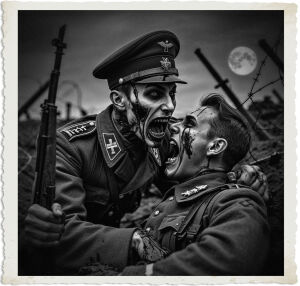 a cinematic colour photo of an armed German vampiric soldier with piercing eyes and sharp fangs feeding off a British rifleman with a terrified expression, wearing a blood-soaked uniform, set against a dark and muted nocturnal backdrop of a World War I battlefield, with destroyed trenches and barbed wire in the foreground, the soldier's face illuminated only by the faint light of a full moon, with deep shadows accentuating the horror of the scene, the photography style is highly dramatic and atmospheric, with a focus on capturing the intense emotion and brutality of the moment.