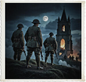 a cinematic nighttime photograph of three armed British soldiers standing atop a rugged ridge, observing troops maneuvering towards a damaged church in the far distance, with the soldiers wearing worn and muddy World War I uniforms, helmets, and carrying rifles, set against a dark and ominous sky with clouds illuminated by moonlight, the scene illuminated by the faint light of the moon and the distant fires, with the church's tower partially destroyed and smoke rising from the surrounding area, the photography style is dramatic and gritty, with deep shadows and intense highlights, capturing the intensity and chaos of war.