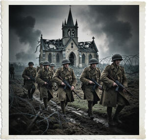 a cinematic photograph of a group of armed British soldiers wearing worn and muddy trench coats and helmets making their way cautiously across a desolate bombed out field littered with barbed wire and cratered earth towards a heavily damaged church with a crumbling steeple and shattered stained glass windows in the background the soldiers carry rifles and wear puttees and have determined expressions on their weathered faces with a mix of fear and resolve in their eyes the scene is set in a dull overcast light with clouds of smoke and fog rolling in from the distance and the overall mood is one of somber intensity and grit.