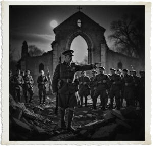 a cinematic photograph of a British Warrant Officer, dressed in worn Great War-era uniform, armed with a rifle, motioning to his men to move ahead, set against the dramatic backdrop of a ruined church at nighttime, with the faint moonlight casting long shadows across the rubble-strewn ground, the officer's face illuminated by a faint beam of light, revealing a determined expression, his skin weathered from months of combat, his eyes fixed intently on some point in the distance, the surrounding air thick with the smell of smoke and damp earth, the sound of distant gunfire and screams echoing through the night air, the Warrant Officer's men, a mix of seasoned veterans and young recruits, huddle together, their faces set with a mix of fear and determination, as they prepare to advance into the unknown.