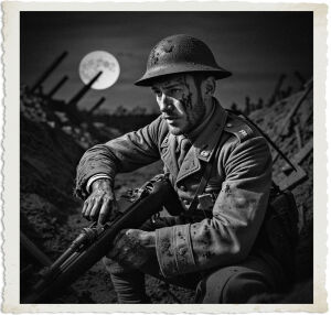 a cinematic photo of a British Rifleman with a weary expression and mud-stained face, clad in a worn and tattered khaki uniform, having to reload his Lee-Enfield rifle in mid-combat under the faint moonlight of a Great War nocturnal scene, with his helmet askew and his eyes fixed intently on the task at hand, set against a backdrop of ruined trenches and barren landscapes, captured in a gritty and realistic photography style with deep shadows and muted earth tones.