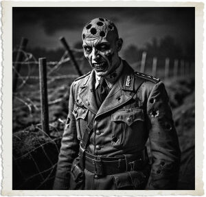 a cinematic photo of a German soldier vampire riddled with bullet holes, some so large you can see through him, still standing, ever the threat, set against a dark and ominous nighttime backdrop of a World War I battlefield, with trenches and barbed wire in the foreground, the soldier's tattered and bloodstained uniform a mix of grey and brown, his face deathly pale with sunken eyes and sharp fangs, his skin a pale blue grey color, with a menacing gaze, the photography style is dramatic and intense, with deep shadows and strong highlights, the overall mood is one of foreboding and horror.