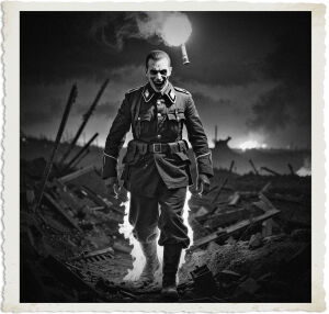 a cinematic nighttime photo of a German soldier with vampiric features set aflame by a flare, dressed in a tattered Great War uniform, with a haunted expression, pale skin, and sharp fangs, amidst a dark and ruined battlefield, with flames engulfing his body, and a flare illuminating the surrounding landscape, captured in a dramatic and ominous photography style, with deep shadows and warm golden lighting, and a sense of intense desperation and horror.