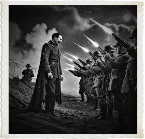 a cinematic colour photo of a German soldier who is a vampire, riddled with bullet holes, with a pale complexion and sharp fangs, facing a group of British riflemen with determined expressions, wearing Great War era uniforms and helmets, who keep firing their rifles with flashes of gunfire illuminating the dark night scene, set amidst a battlefield with trenches and barbed wire, under a moonlit sky with clouds of smoke and fog, with the vampire soldier standing tall, unphased by the bullets, in a dramatic and intense moment, captured in a photography style reminiscent of a war movie.