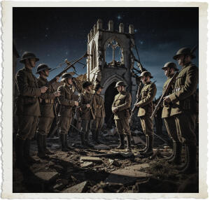 a cinematic colour photograph of armed British soldiers dressed in World War I uniforms forming a perimeter around a heavily damaged church at nighttime, with warm golden lighting casting long shadows across the soldiers' determined faces, their rifles at the ready, set against a dark sky with faint stars twinkling in the background, the church's stone walls cracked and worn, its stained glass windows shattered, and the soldiers' clothing and gear meticulously detailed, including their helmets, boots, and ammunition belts, with a mix of concerned and resolute expressions on their faces, showcasing a moment of high tension and drama.