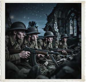 a cinematic colour photo of armed British soldiers in a defensive position near a ruined church with crumbling stone walls and shattered stained glass windows looking for threats under the faint moonlight, their uniforms and gear are appropriate for the Great War era, with worn trench coats, sturdy helmets, and vintage rifles, set at night with a dark blue sky and stars twinkling above, the photography style is dramatic and intense, capturing the tension and uncertainty of war, with deep shadows and rich textures, the soldiers' facial features are rugged and weary, with a mix of fear and determination in their eyes, their skin colour is pale and exhausted from the prolonged conflict.
