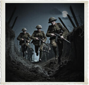 a cinematic colour photograph of armed British soldiers jumping into a dark and abandoned trench at night, with soldiers wearing worn and muddy Great War-era uniforms, helmets, and carrying rifles, set against a sombre and ominous nighttime backdrop with faint moonlight casting long shadows, the scene capturing the intense and chaotic atmosphere of wartime, with the soldiers' facial features illuminated only by the faint light, revealing determined and weary expressions, their skin tones muted by the poor lighting, and the overall mood of the image conveying a sense of tension and uncertainty, with the photography style emphasizing dramatic lighting and deep shadows.