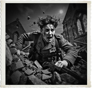 a cinematic colour photograph of a British soldier wearing a Great War era uniform and equipped with a rifle, being thrown from cover, his face contorted in a mixture of fear and shock, with a stunned expression, Caucasian skin tone, and a messy brown hair, located near the ruins of a worn stone church with shattered stained glass windows, under the dark night sky, with only the moonlight illuminating the scene, the soldier's clothing and gear are appropriate for the Great War era, with earthy tones of brown and green, and the overall mood is one of chaos and destruction, captured through the lens of a camera.
